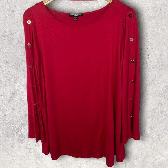 Cable Gauge Red Split Bell Sleeve Buttons Size 1X Blouse Crew Neck Top Blouse - Picture 1 of 10